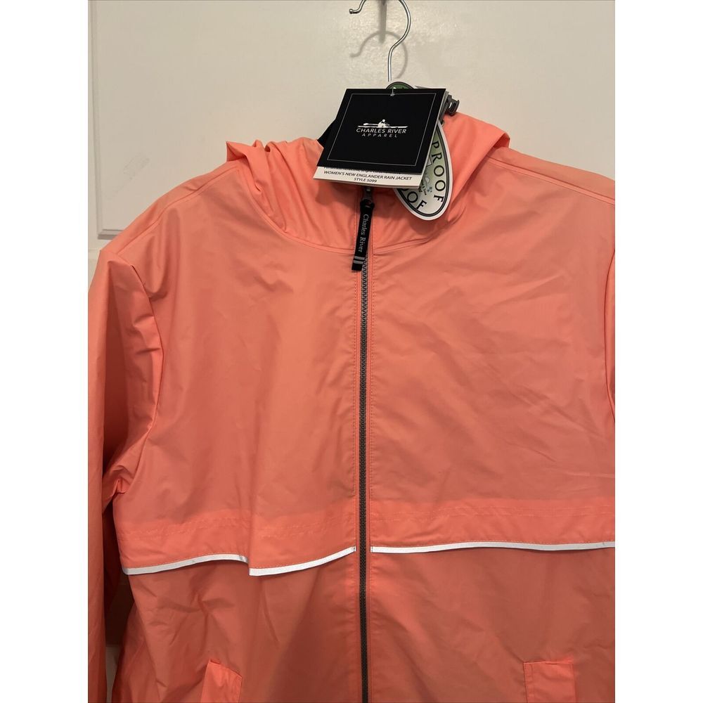 Charles River Womens Long Sleeve Hooded Coral Reflective Rain Coat Size ‎ XL